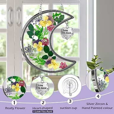 KY&BOSAM Moon Suncatchers Aunt Gifts for Mom Family Friends Stained Glass for Windows Wind Chimes Real Flower Colorful and Metal I Love You Aunt Heart Chain Outdoor for Garden Indoor Home Trees Decor - Image 4