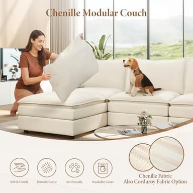 Vesgantti 108" U Shaped Sectional Couch, Comfy Cloud Modular Sectional Sofa with 2 Ottoman Deep Seat Chenille Modern Cloud Sofa, Modular Sofas for Living Room, Bedroom and Apartment, Beige - Image 4