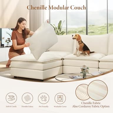 Vesgantti 142" U Shaped Sectional Couch, Comfy Cloud Modular Sectional Sofa with 2 Ottoman Deep Seat Chenille Modern Cloud Sofa, Modular Sofas for Living Room, Bedroom and Apartment, Beige - Image 4