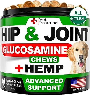 Vet Promise Hemp Hip and Joint Support Supplement for Dogs - Glucosamine for Dogs - Hemp Oil, MSM, Chondroitin - Support for Joint Pain Relief and Health - 120 Soft Chews - Made in USA - Image 1