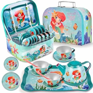 Lajeje Mermaid Tea Party Set for Little Girls, Kids Party Set Toys for 3 4 5 6 Year Old Girls, Pretend Toy Tin Tea Set & Carrying Case, Princess Tea Time Kitchen Play Toys, Birthday Gifts for Girls - Image 1