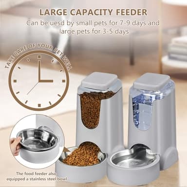 HWONMTE Portable Automatic Cat Feeder and Water Dispenser with Stainless Steel Bowl Dog Gravity Food Feeder and Waterer for Small Medium Pets Puppy Kitten 1 Gallon x 2 (Silver Gray) - Image 5