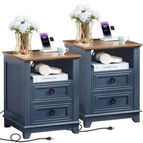 Joaxswe 18" Farmhouse Night Stands Set of 2 with Charging Station, 2 Drawers End Table Dresser for Bedroom, Blue Wooden Nightstand, Bed Side Table with Open Shelf, Bedside Cabinet for Living Room - Image 1