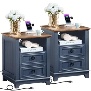 Joaxswe 18" Farmhouse Night Stands Set of 2 with Charging Station, 2 Drawers End Table Dresser for Bedroom, Blue Wooden Nightstand, Bed Side Table with Open Shelf, Bedside Cabinet for Living Room - Image 1