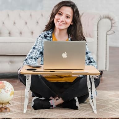 DECOSIS Laptop Bed Desk Height Adjustable, Bed Laptop Table with USB/Storage Drawer/Cup Holder/Tablet Stand/Book Shelf, Foldable Breakfast Tray Portable for Reading Writing, Bed, Sofa & Floor, Wood - Image 8