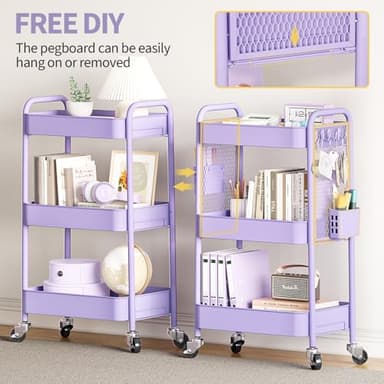 TOOLF 3 Tier Rolling Cart Storage Organizer, Metal Rolling Utility Cart with Wheels, Hooks & Bins Esthetician Craft Art Sturdy Storage with Pegboard for Bathroom, Kitchen, Office, Nursery Diaper - Image 2