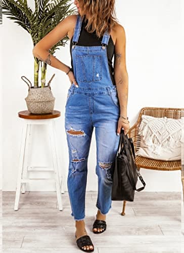 luvamia Flexclusive Women's Casual Distressed Overalls Adjustable Denim Bib Jumpsuits for Women Jean Overalls Pants Trendy Jumpsuits Blue Size Medium - Image 4