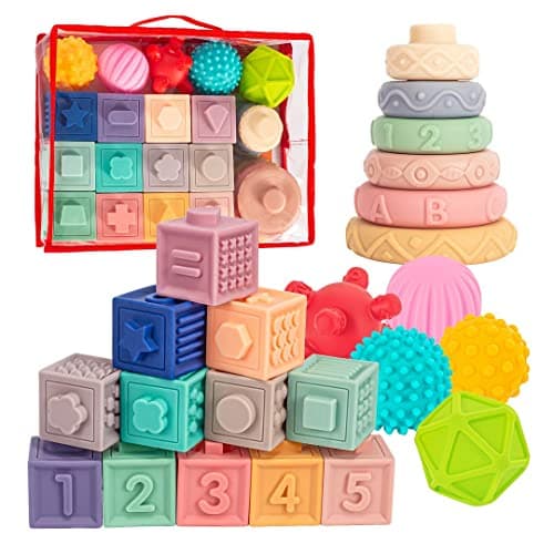 SpringFlower 3 in 1 Montessori Toys for Babies 0-3-6-12 Months, Soft Baby Teething, Stacking Building Blocks for Infants, Sensory Developmental Education Toys for Toddler Baby 12-18 Months,23 PCS - Image 1