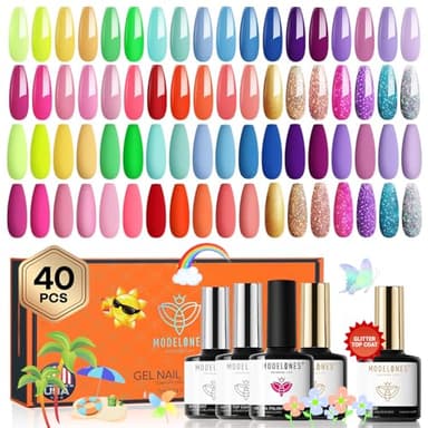 modelones 40 Pcs Gel Nail Polish Set, 36 Colors Rainbow Neon Gel Polish Bright Hot Pink Green Yellow Purple Blue Glitter Nail Gel Polish with Soak Off Base Coat& Matte Glitter Glossy Top Coat - Image 1