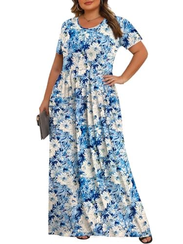 Womens Plus Size Maxi Dresses Summer 2025 Casual Short Sleeve with Pockets Long Dress White Chrysanthemum 1X - Image 2