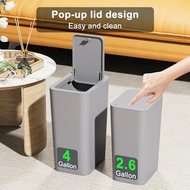 N. NETDOT 3 Pack (2 of 4 Gal & 1 of 2.6 Gal) Small Trash Can with Lid,Bathroom Garbage Can with Pop-Up Lid,Waste Basket for Bathroom,Kitchen,Bedroom,Powder Room,Craft Room,Office,College (Gray) - Image 4