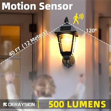 Motion Sensor Outdoor Light Fixture, 16 Inch Dusk to Dawn Solar Lanterns, 500LM Super Bright Waterproof Exterior Lighting Fixtures Porch Lights Solar Powered Outdoor Lights for Patio Wall Garage - Image 2
