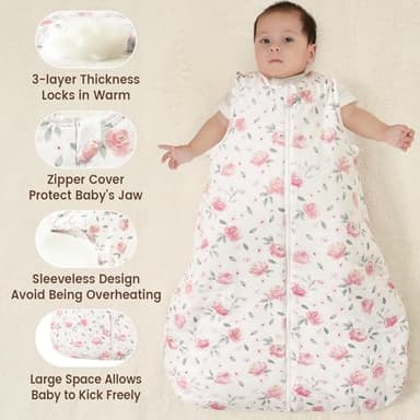 PHF 100% Cotton Baby Sleep Sack 0-6 Months, 2.5 TOG Winter Baby Wearable Blanket with 2-Way Zipper, Warm Comfy Quilted Sleeping Bags, Infant Sleeping Sack for Newborn Girls, Small Size, Pink Floral - Image 2