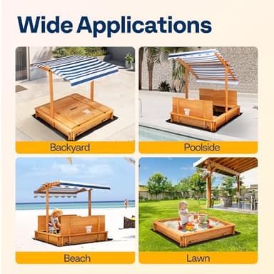 VIVOHOME 47" Solid Fir Wooden Sandbox with Adjustable Sun Canopy & Foldable Benches, Outdoor Play for Kids, Weather-Resistant Design, Drainage Liner & UV Protection for Backyard/Beach - Image 6