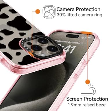 Rosarnnah Compatible for iPhone 15 Pro Max Case Cute - Durable Shockproof 6.6 ft Drop Impact Phone Case - Funny Milk Cow Print Design for iPhone 15 Pro Max 6.7" Glitter Pink - Image 3