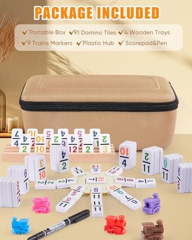 KAILE Mexican Train Dominoes Set with Numbers, Double 12 Dominoes Set with 4 Wooden Trays/Racks, 91 Tiles Colored Dominoes Train Games for Family Night, Travel, Party - Image 2