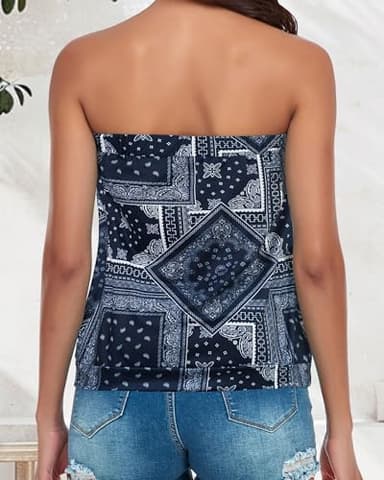 CHICGAL Women's Tube Tops Summer Bandeau Tank Off The Shoulder Casual Strapless Blouse Tunic Shirts (Navy Diamond,2XL) - Image 5