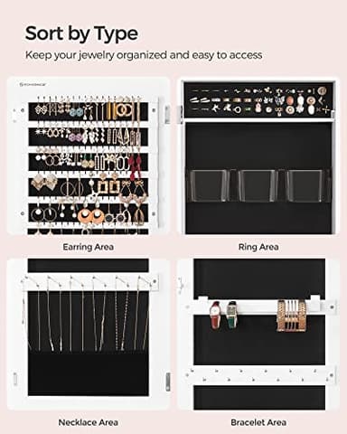 SONGMICS Jewelry Cabinet Armoire, Lockable Wall-Mounted Organizer Unit with 2 Plastic Cosmetic Storage Trays, Full-Length Frameless Mirror, White UJJC001W01 - Image 5
