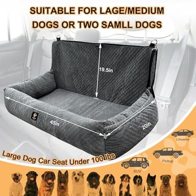 Large Dog Car Seat Under 100LBS,Dog Car Bed with Safety Tethers/Storage Pocket,Only for Back Seat-Gray - Image 2