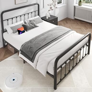 Fluest 14 Inch Queen Bed Frame Classic Metal Platform Bed Frame with Charging Station & LED, Victorian Style Iron-Art Headboard/Footboard, Under Bed Storage, No Box Spring Needed, Noise Free - Image 9