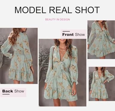 Dokotoo Womens Fall 2025 Sexy V Neck Ruffle Elegant Long Sleeve Empire Waist Tie Knot Chiffon Boho Tunic Swing A Line Flowy Mini Short Skater Dresses for Women Brunch Outfits for Women Green L - Image 3