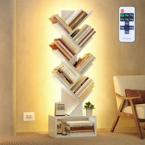 Hoctieon 6 Tier Tree Bookshelf, Tall Bookcase with Drawer, Freestanding Book Shelf with LED Lights, Display Floor Standing Storage Shelf, Book Organizer Shelves for Home Office, Living Room, White - Image 1