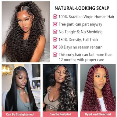 Dianthe 34 Inch 13x6 Deep Wave Lace Front Wigs Human Hair HD Lace frontal Curly Human Hair Wig for Black Women 180% Density Wet and Wavy Glueless Wigs Human hair Pre Plucked with Baby Hair - Image 7