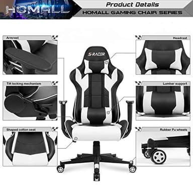 Homall Gaming Chair, Office Chair High Back Computer Chair Leather Desk Chair Racing Executive Ergonomic Adjustable Swivel Task Chair with Headrest and Lumbar Support (White) - Image 9