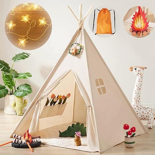 Tiny Land Teepee Tent for Kids with Star Lights, Foldable Play Tent for Girls & Boys, Washable Indoor Toddler Tent, Cozy Warm Reading Nook & Room Decor - Image 1