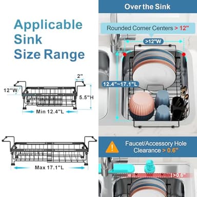 iSPECLE Expandable in Sink Dish Drying Rack - Adjustable Capacity (12.4''-17.1''L) Over The Sink Dish Drainer Drying Rack for Kitchen Counter and Sink, Dish Rack with Utensil Holder, Black - Image 3
