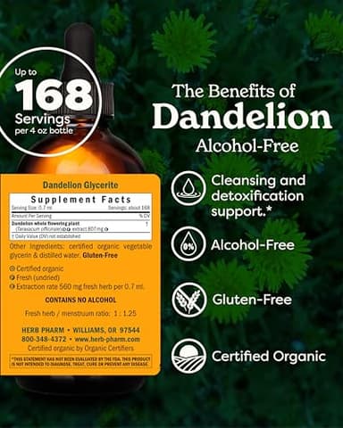 Herb Pharm Certified Organic Dandelion Liquid Extract for Cleansing and Detoxification, Alcohol-Free Glycerite, 4 Ounce - Image 2
