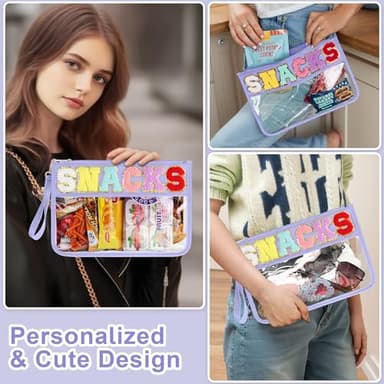 Snack Bag for Travel - Clear Chenille Varsity Letter Flat Pouch with Zipper, Waterproof Clear PVC&PU Preppy Patch Makeup Cosmetic tote Bags for Women Girls (Purple-Snacks) - Image 4