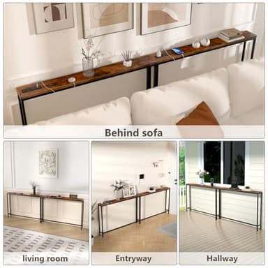 ManGuish 94.4" Long Console Table with Charging Station, Sofa Table with 2 Power Outlets & 2 USB Ports, Metal Frame, with Extension Cord, Behind Couch Table for Living Room Entryway, Rustic Brown - Image 9