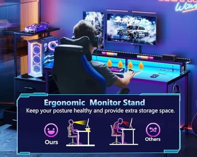 AODK 59 Inch Gaming Desk with USB Charging Ports & LED Light- Reversible Computer Desk with Storage Shelves & Monitor Stand, Modern Gamer Desk Table with Fabric Drawers & Side Hook, Carbon Fiber Black - Image 7