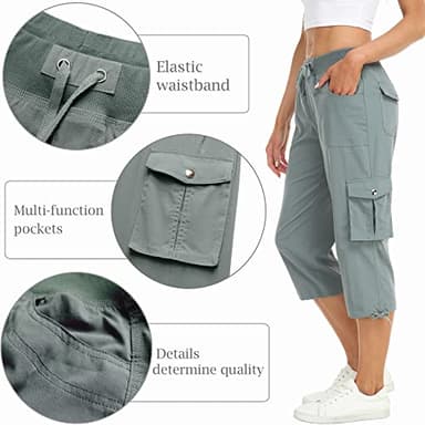 MISS MOLY Women's Cargo Capris Hiking Running Pants Loose Button Decor Lightweight Quick Dry Button Pockets 2XL Grey-Green - Image 4