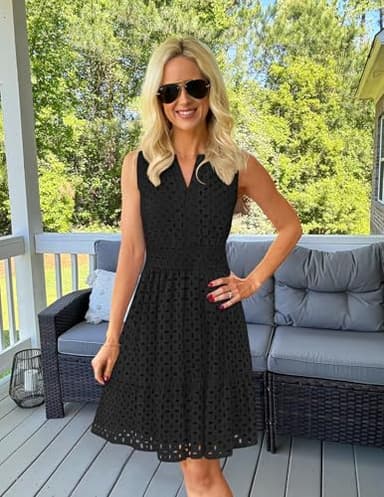 ZESICA Women's Summer Sleeveless Mini Dress V Neck Hollow Out Eyelet High Waist A Line Swing Short Party Dresses,Black,Medium - Image 9