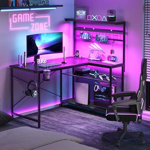 Bestier 42 L Gaming Desk,Computer Desk with Power Outlets, LED Lights, Reversible Corner Desk with 4-Tier Shelves,Cup Holder & Hook Carbon Fiber Black - Image 1