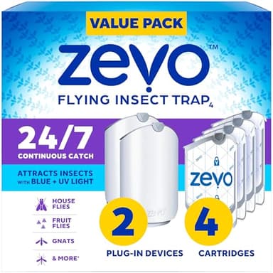 Zevo 2 Flying Insect Traps & 4 Refill Cartridges - Plug in Fly Trap & Indoor Bug Catcher for Gnats, House & Fruit Flies - Blue & UV Light Technology, Mess-Free Alternative to Bug Zapper - Image 1
