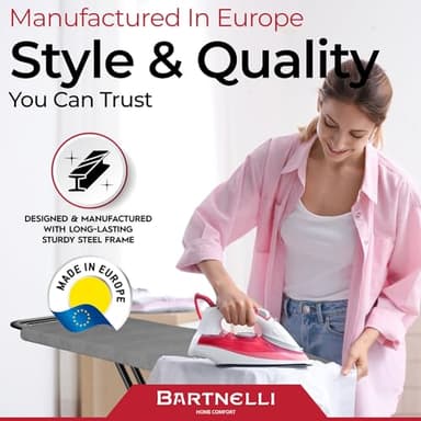 Bartnelli by Rorets Ironing Board Made in Europe | Iron Board with 4 Layered Cover & Pad, Height Adjustable up to 36" Features A Safety Iron Rest, 4 Steel Legs, for Laundry Room or Dorm Use (43x14) - Image 3