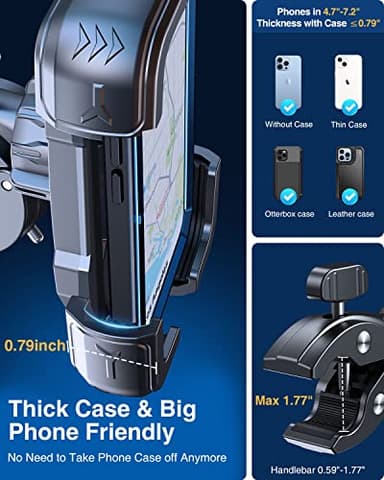 Bovemanx Motorcycle Phone Mount Holder, [150mph Wind Anti-Shake][7.2inch Big Phone Friendly] Bike Phone Holder, Motorcycle Handlebar Cell Phone Clamp, Compatible with iPhone 16 Pro Max, Black - Image 2