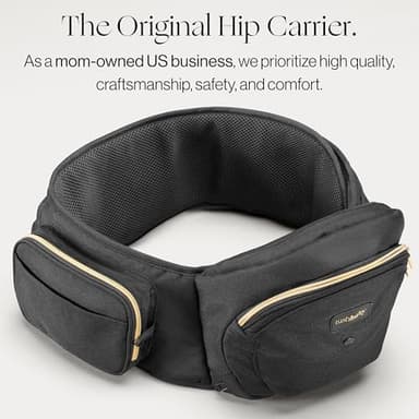 Tushbaby The Original Safety-Certified Hip Carrier for Babies & Toddlers: Machine Washable Child Waist Seat with Pocket Storage, As Seen on Shark Tank (23”-44” waist, 0-3 yrs up to 45lbs) – Black/Gold - Image 2