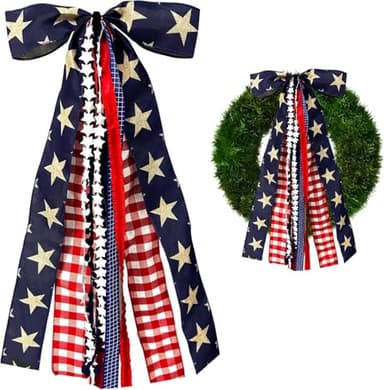 Large Patriotic Ribbon Bow, 4th of July Red White and Blue Bows Clip-On Star Sash Patriotic Wreaths for Front Door Indoor Outdoor Memorial Day Decoration - Image 1