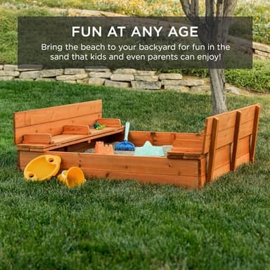 Best Choice Products Kids' Outdoor Wooden Sandbox Large, Cedar Wood with Foldable Bench Seats and Sand Protection, Bottom Liner Included - Brown - Image 6