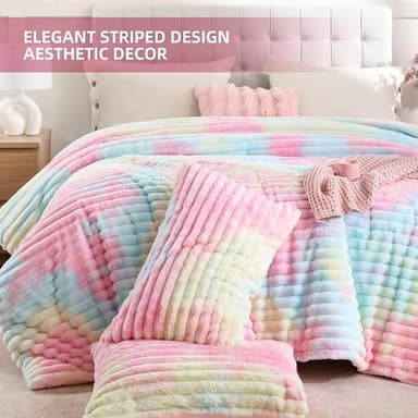 Smoofy Fluffy King Size Comforter Set 3 Pieces - Rainbow Fleece Fluffy Comforter Set, Luxury Fuzzy King Bedding Set, Soft King Bed Set All Season, Heavy Faux Fur Comforter with 2 Pillow Cases - Image 3