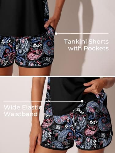 Summer Mae Blouson Tankini Swimsuits for Women 2025 Tummy Control Two Piece Bathing Suits with Sporty Pockets Swim Shorts Black Paisley Size 12 - Image 3