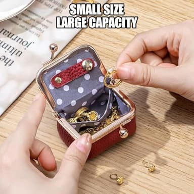 noxozoqm Genuine Leather Mini Jewelry Box,Mini Jewelry Organizer for Women,Portable Vintage-inspired Genuine Leather Coin Purse Jewelry Case with Kiss Lock,Mini Travel Jewelry Case Organizer (Pink) - Image 4