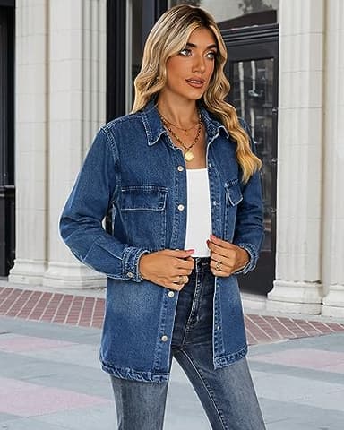 luvamia 2025 Spring Jean Jackets for Women Fashion Oversized Button Down Denim Jacket Western Shacket with Pockets Classic Blue Size 3X-Large US Size 24 26 - Image 2