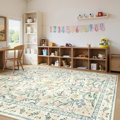 Lahome Boho Washable Girls Bedroom Rugs 9x12, Beige Cream Floral Large Area Rugs for Bedroom, Soft Non-Slip Thin Carpet for Nursery Kids Playroom Dining Room Home, Beige - Image 4