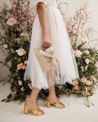 MUCCCUTE Gold Heels with Bow Heeled Sandals Chunky Heels for Women Open Toe Ankle Strap Wedding Bridal Dressy Sandal Size 9.5 - Image 5
