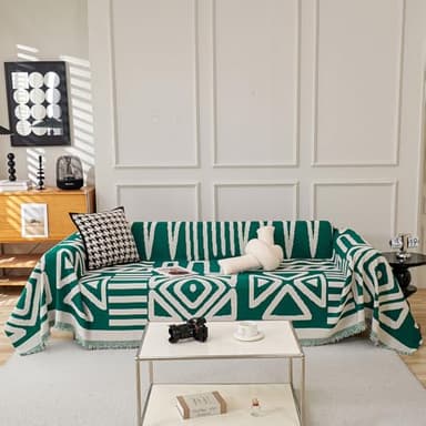 VClife Boho Couch Cover Sectional Sofa Cover for Dog Breathable Chenille Couch Covers for 2 Cushion Couch Sofa, Washable Dark Green White Geometry Loveseat Cover Slipcover with Tassel 71"X102" - Image 1